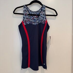NWT BOLLE tennis Navy Blue Tank Top with Red Accents and White Pattern